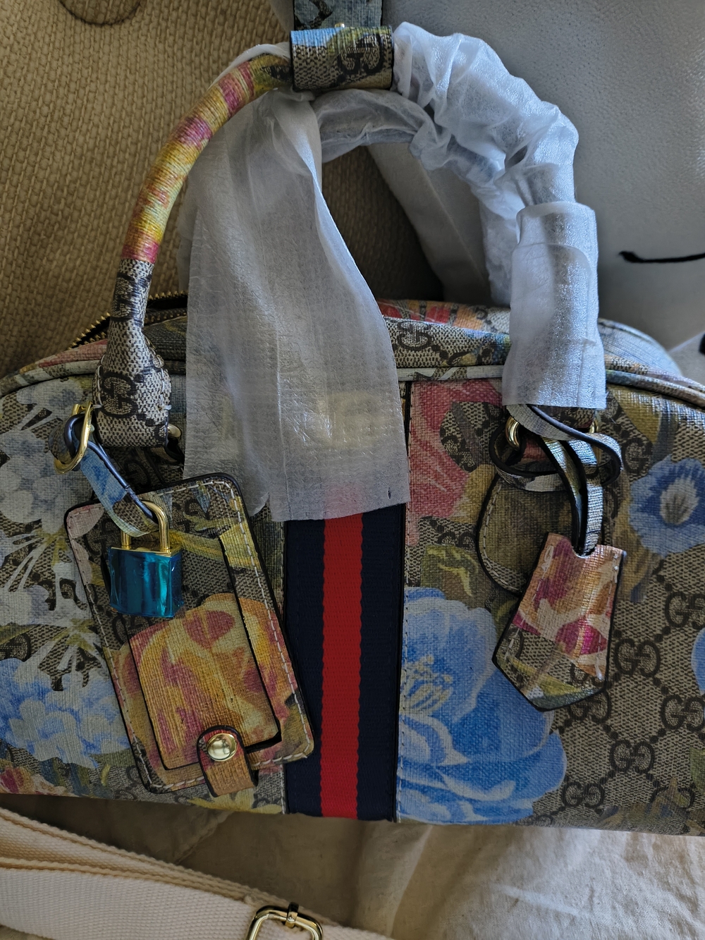 Floral Print Satchel Bag with Navy-Red Stripe - Multicolor
